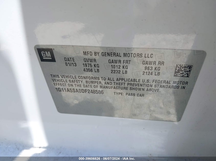 2013 Chevrolet Malibu 1Fl VIN: 1G11A5SA0DF248586 Lot: 39606826