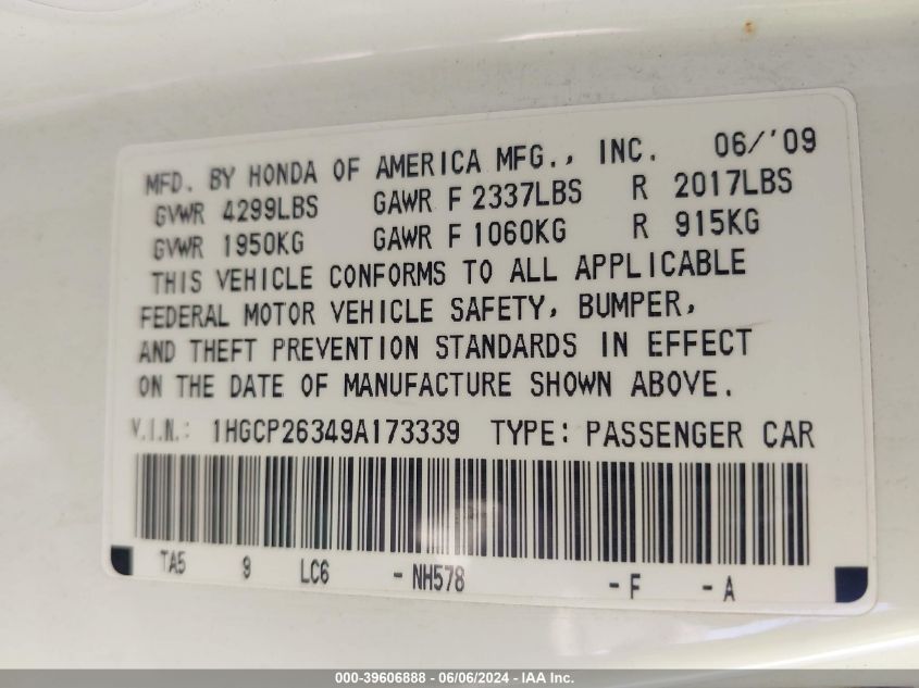 2009 Honda Accord 2.4 Lx VIN: 1HGCP26349A173339 Lot: 39606888