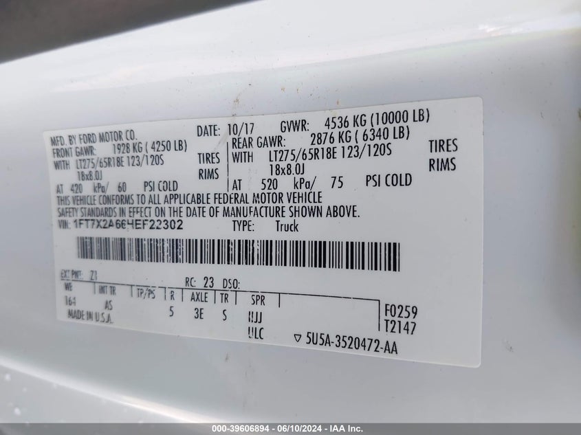 2017 Ford F-250 Xl VIN: 1FT7X2A66HEF22302 Lot: 39606894