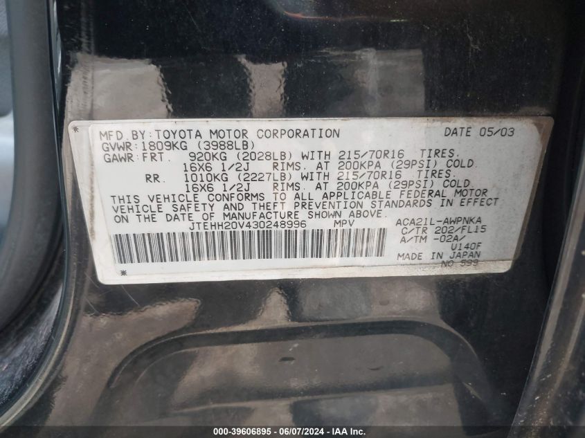 2003 Toyota Rav4 VIN: JTEHH20V430248996 Lot: 39606895