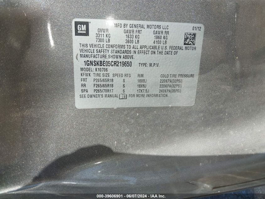 2012 Chevrolet Tahoe Lt VIN: 1GNSKBE05CR219650 Lot: 39606901