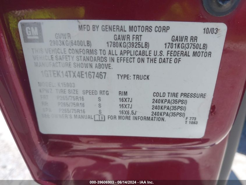 2004 GMC Sierra 1500 Sle VIN: 1GTEK14TX4E167467 Lot: 39606903