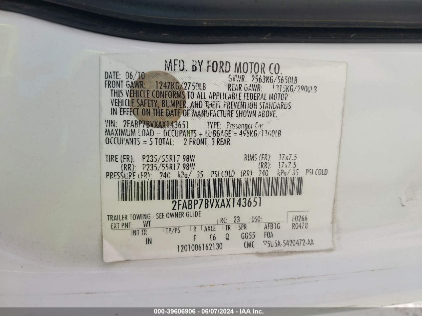 2010 Ford Crown Victoria Police/Police Interceptor VIN: 2FABP7BVXAX143651 Lot: 39606906