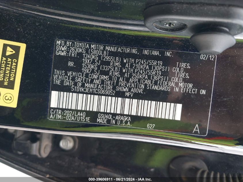 2012 Toyota Highlander Limited V6 VIN: 5TDYK3EH1CS069052 Lot: 39606911