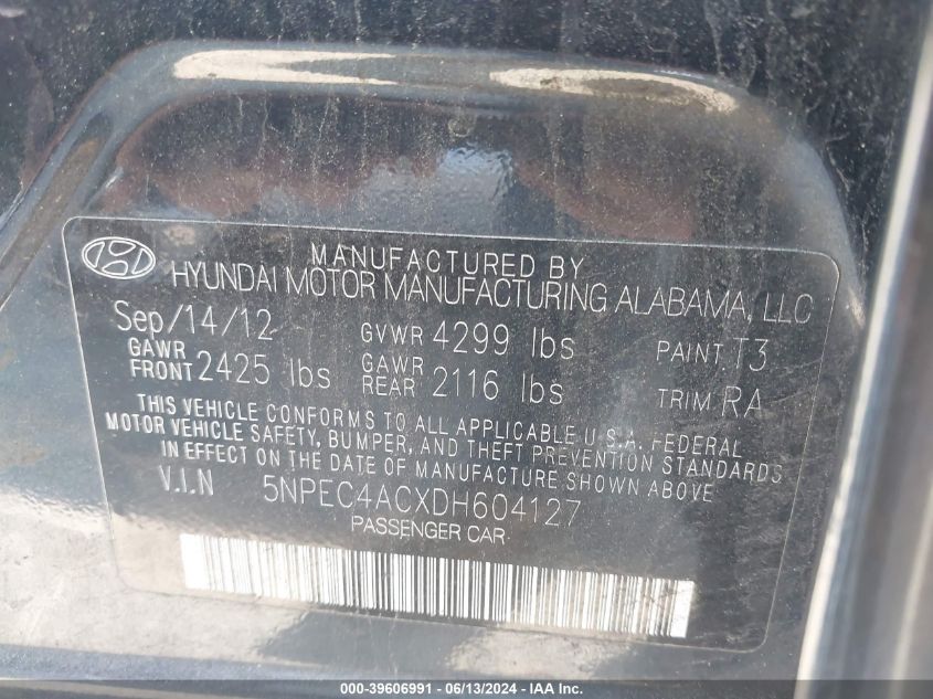 2013 Hyundai Sonata Limited VIN: 5NPEC4ACXDH604127 Lot: 39606991