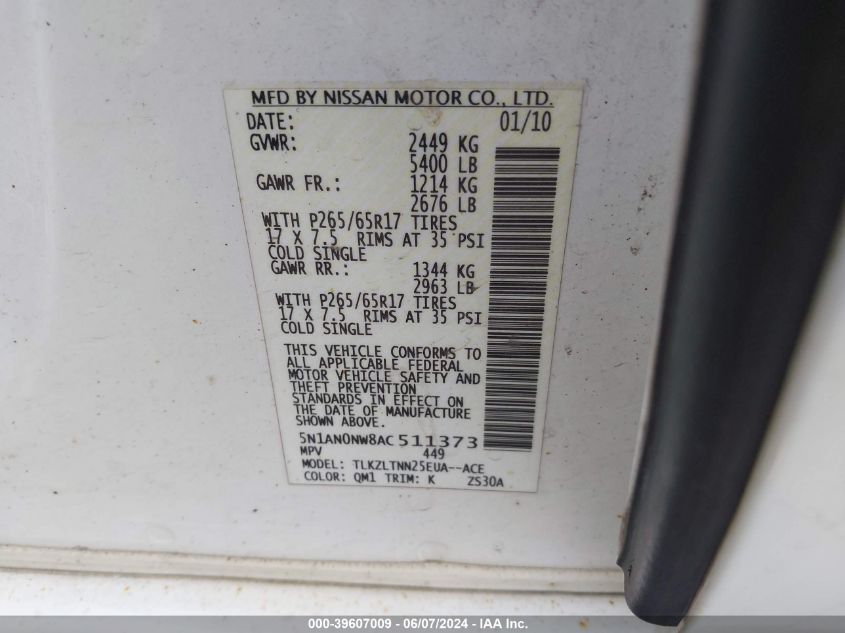 2010 Nissan Xterra Se VIN: 5N1AN0NW8AC511373 Lot: 39607009