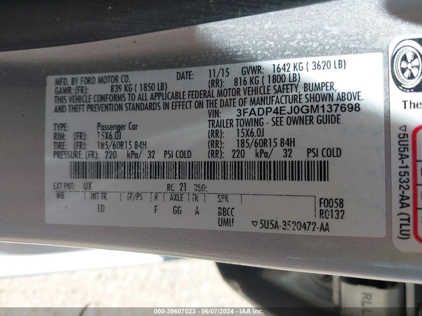 2016 Ford Fiesta Se VIN: 3FADP4EJ0GM137698 Lot: 39607023