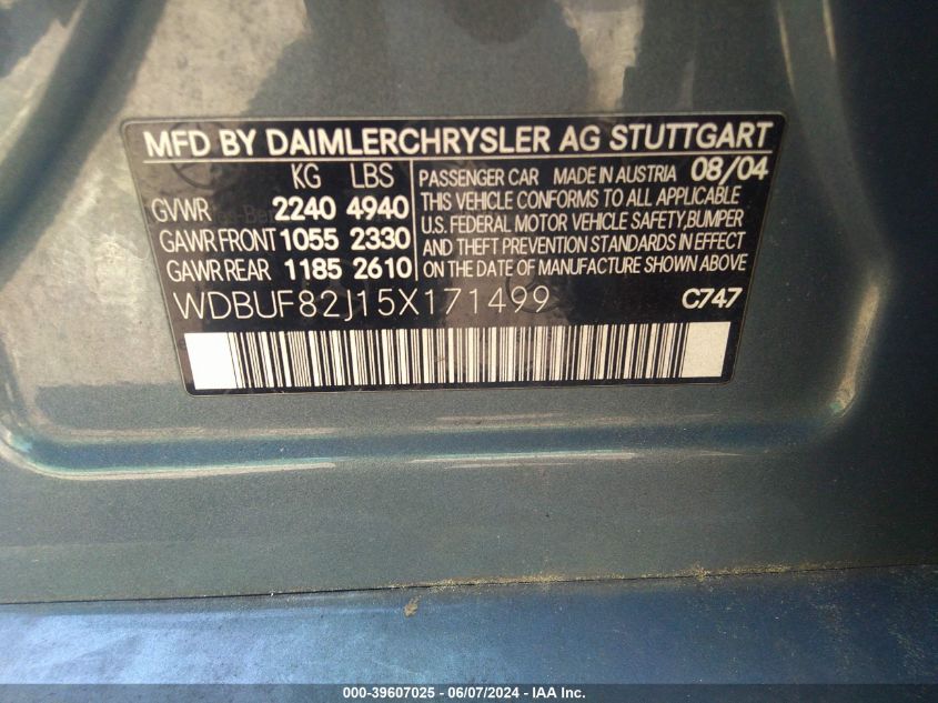 2005 Mercedes-Benz E 320 4Matic VIN: WDBUF82J15X171499 Lot: 39607025