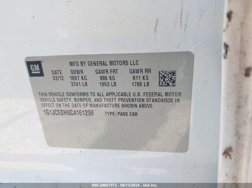 2012 Chevrolet Sonic 2Lt VIN: 1G1JC5SH0C4161238 Lot: 39607073