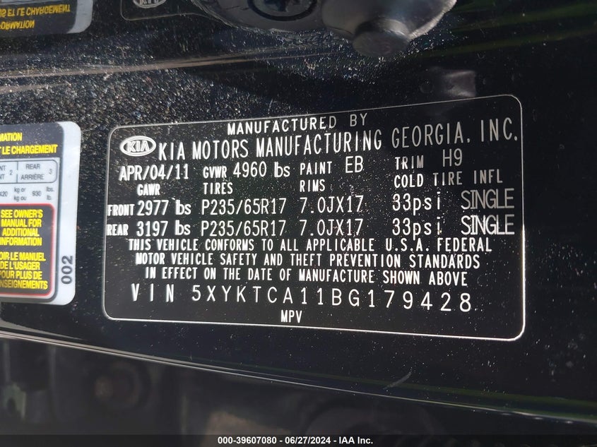 2011 Kia Sorento Lx VIN: 5XYKTCA11BG179428 Lot: 39607080
