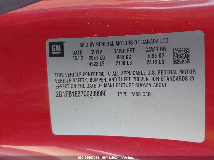 2012 Chevrolet Camaro 1Lt VIN: 2G1FB1E37C9208960 Lot: 39607085
