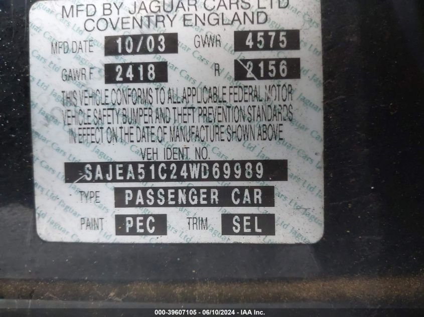 2004 Jaguar X-Type 3.0 VIN: SAJEA51C24WD69989 Lot: 39607105