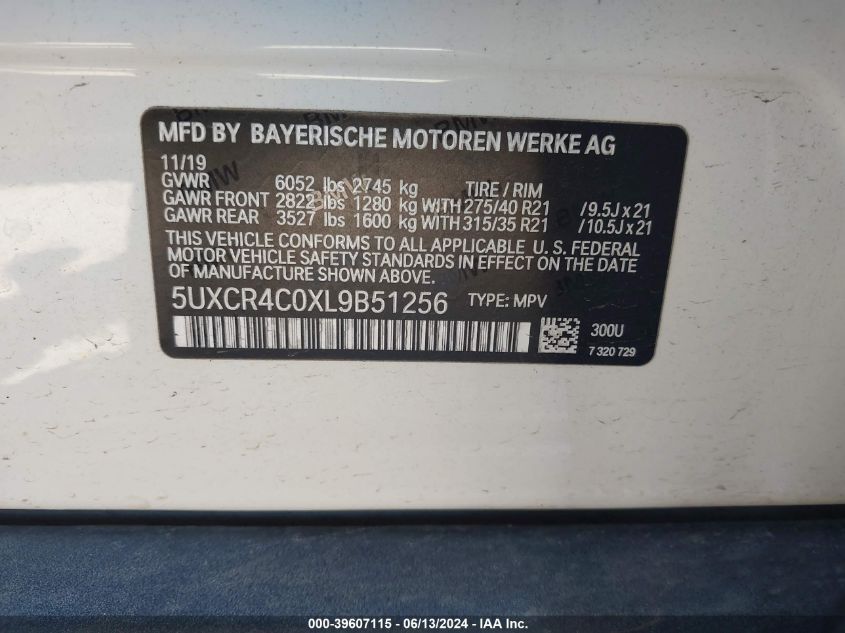 2020 BMW X5 Sdrive40I VIN: 5UXCR4C0XL9B51256 Lot: 39607115