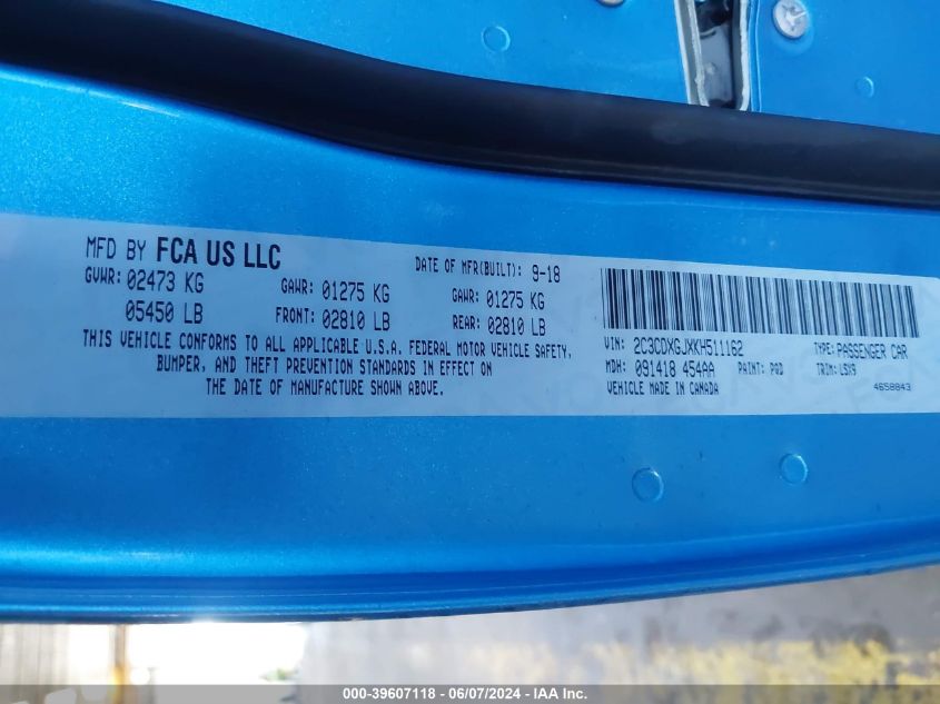 2019 Dodge Charger Scat Pack Rwd VIN: 2C3CDXGJXKH511162 Lot: 39607118