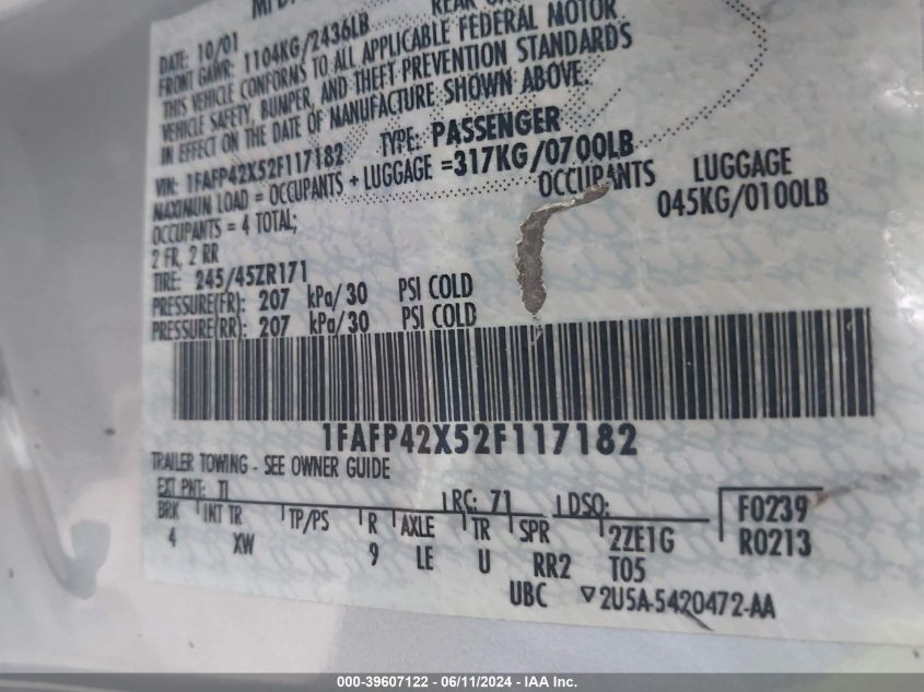 2002 Ford Mustang Gt VIN: 1FAFP42X52F117182 Lot: 39607122