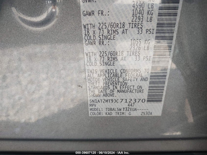 2018 Nissan Rogue Sl VIN: 5N1AT2MT9JC712370 Lot: 39607125