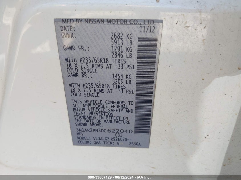 2013 Nissan Pathfinder Sl VIN: 5N1AR2MN3DC622040 Lot: 39607129