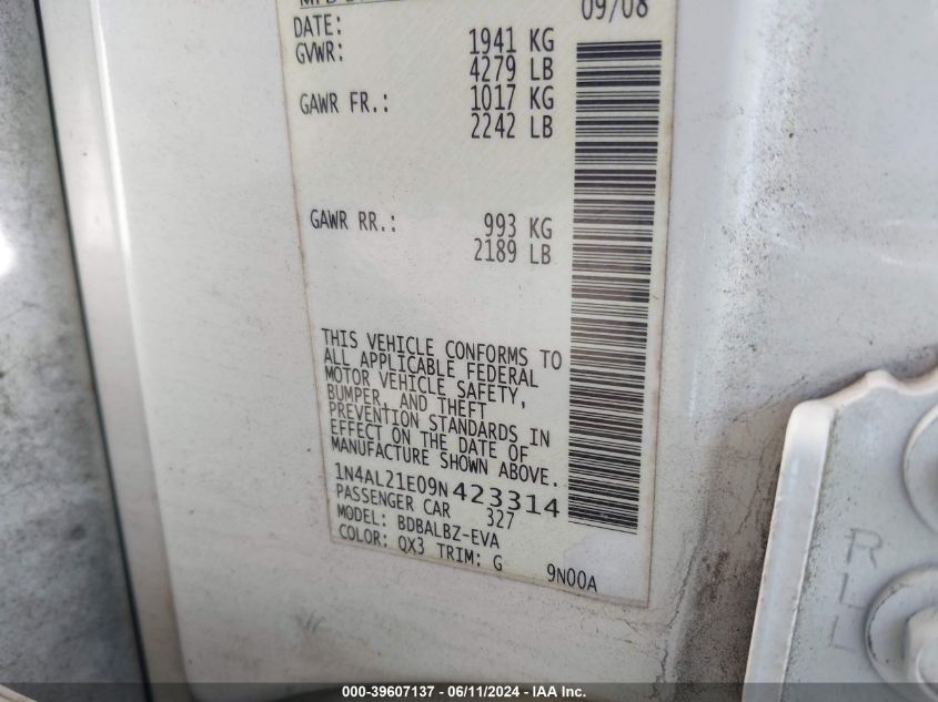 2009 Nissan Altima 2.5 S VIN: 1N4AL21E09N423314 Lot: 39607137