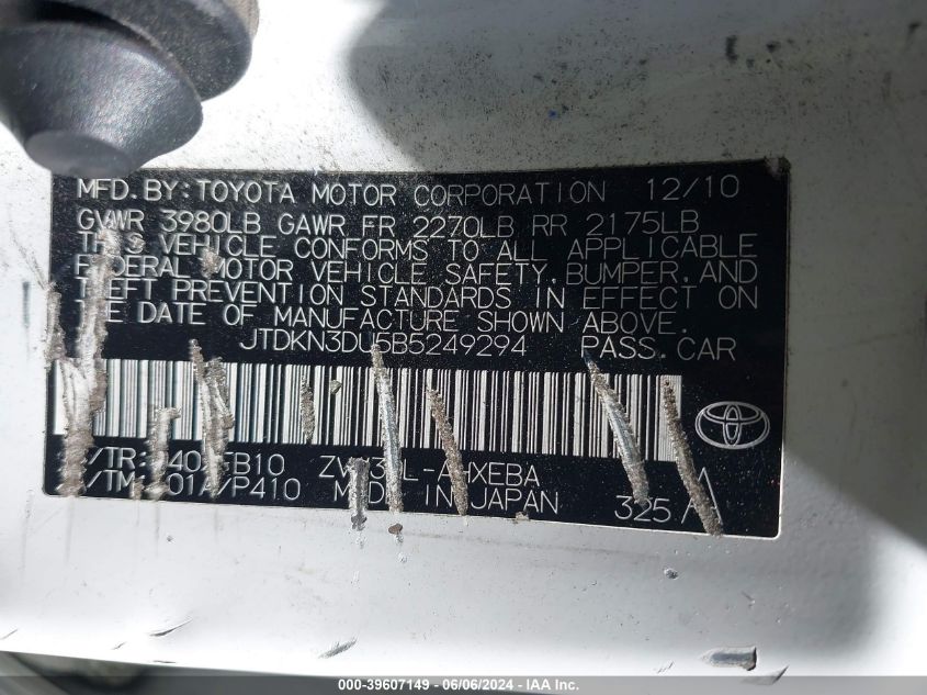 2011 Toyota Prius Two VIN: JTDKN3DU5B5249294 Lot: 39607149