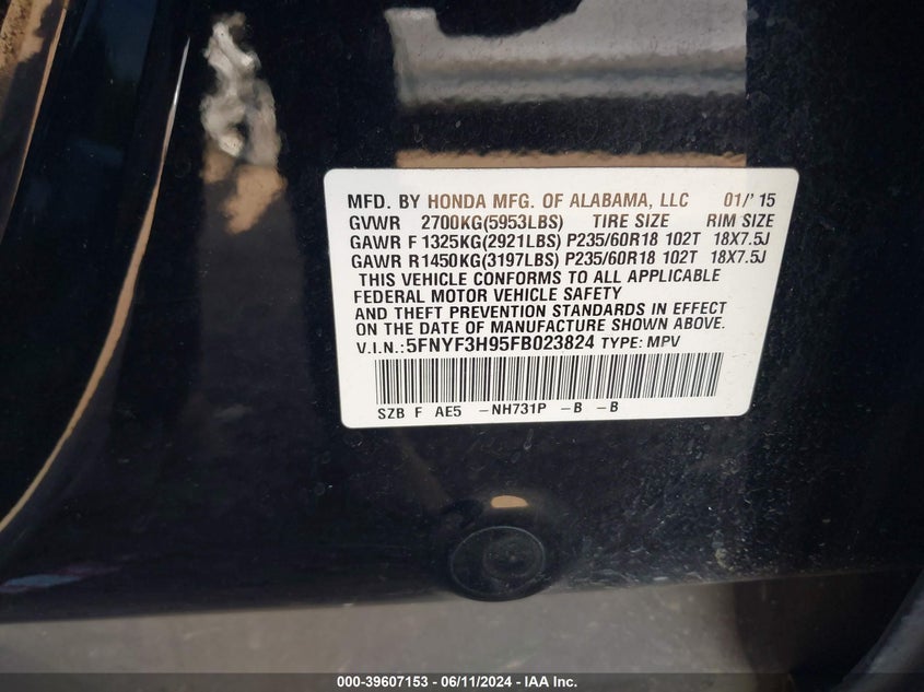 2015 Honda Pilot Touring VIN: 5FNYF3H95FB023824 Lot: 39607153