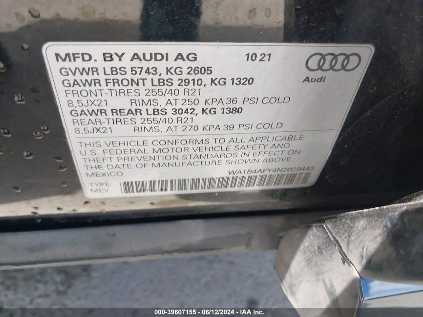 2022 Audi Sq5 Premium Plus Tfsi Quattro Tiptronic VIN: WA1B4AFY4N2029443 Lot: 39607155