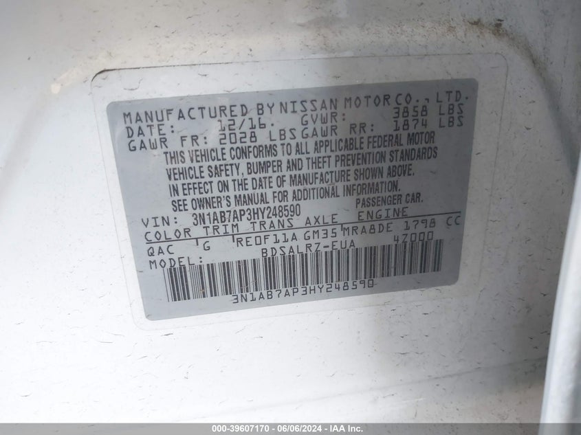 2017 Nissan Sentra Sr VIN: 3N1AB7AP3HY248590 Lot: 39607170