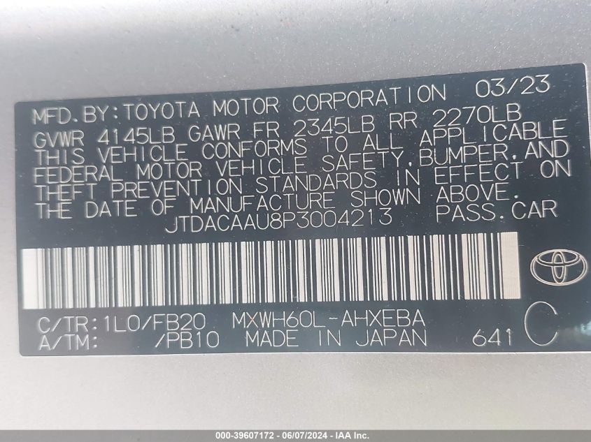 2023 Toyota Prius Le VIN: JTDACAAU8P3004213 Lot: 39607172