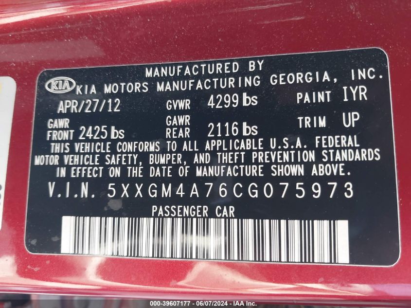 2012 Kia Optima Lx VIN: 5XXGM4A76CG075973 Lot: 39607177