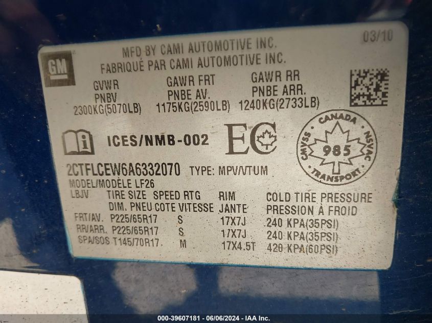 2010 GMC Terrain Sle-1 VIN: 2CTFLCEW6A6332070 Lot: 39607181