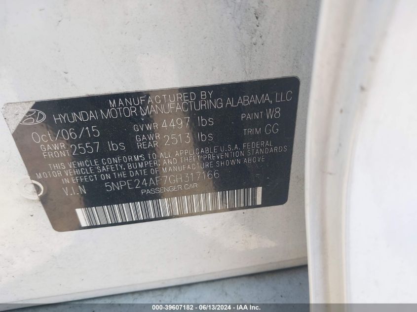 2016 Hyundai Sonata Se VIN: 5NPE24AF7GH317166 Lot: 39607182