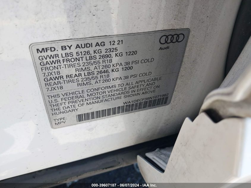 2022 Audi Q3 Premium 45 Tfsi S Line Quattro Tiptronic VIN: WA1DECF38N1071982 Lot: 39607187