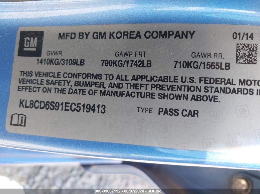 2014 Chevrolet Spark 1Lt Auto VIN: KL8CD6S91EC519413 Lot: 39607192