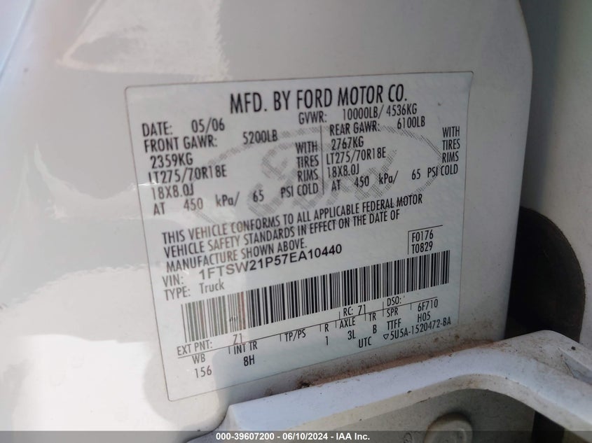 2007 Ford F-250 Lariat/Xl/Xlt VIN: 1FTSW21P57EA10440 Lot: 39607200