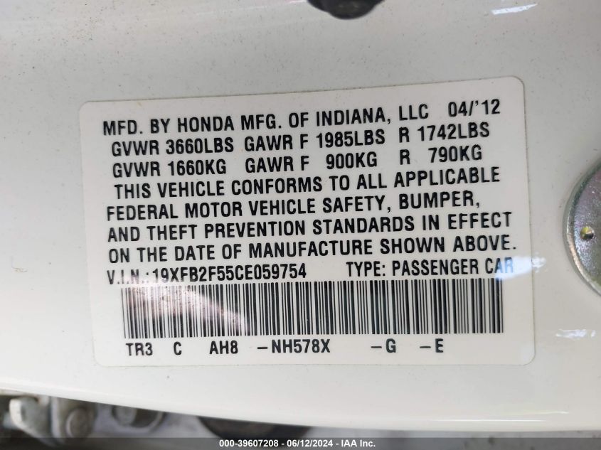 2012 Honda Civic Lx VIN: 19XFB2F55CE059754 Lot: 39607208