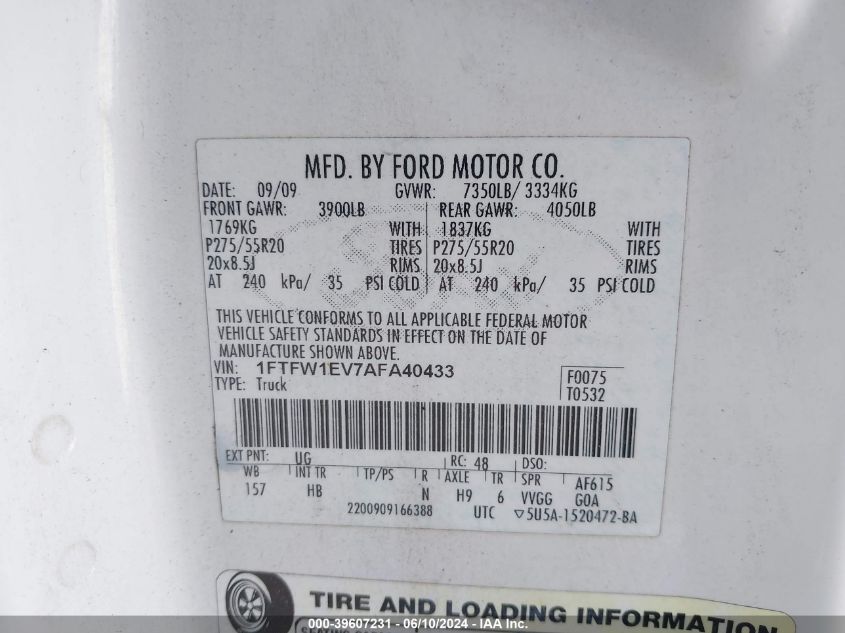2010 Ford F-150 Fx4/Harley-Davidson/King Ranch/Lariat/Platinum/Xl/Xlt VIN: 1FTFW1EV7AFA40433 Lot: 39607231