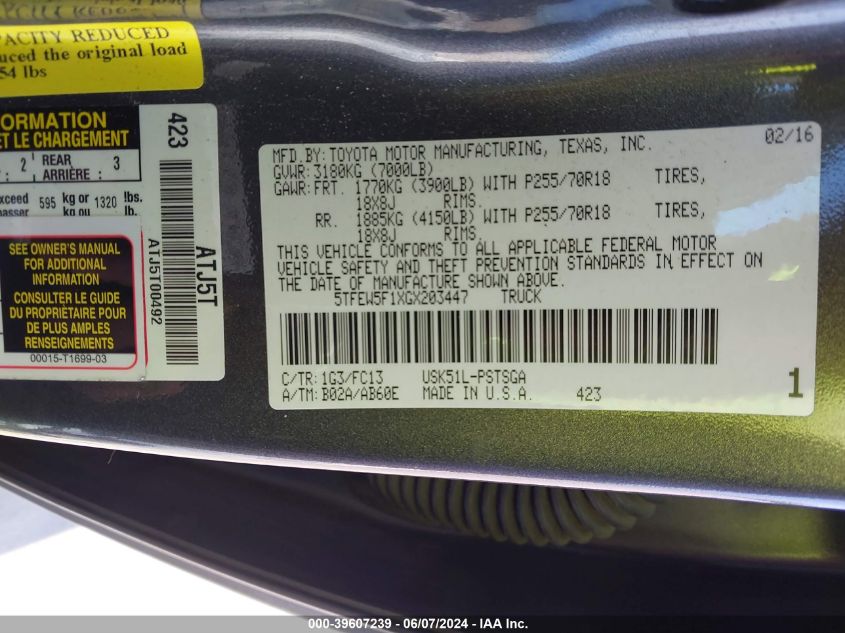 2016 Toyota Tundra Sr5 5.7L V8 VIN: 5TFEW5F1XGX203447 Lot: 39607239