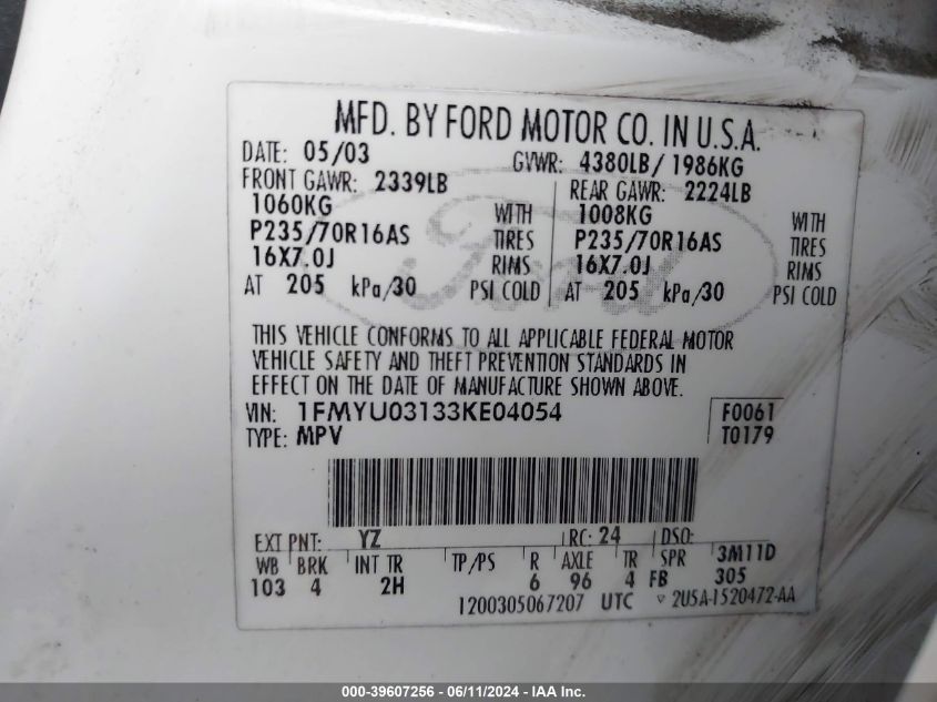 2003 Ford Escape Xlt VIN: 1FMYU03133KE04054 Lot: 39607256