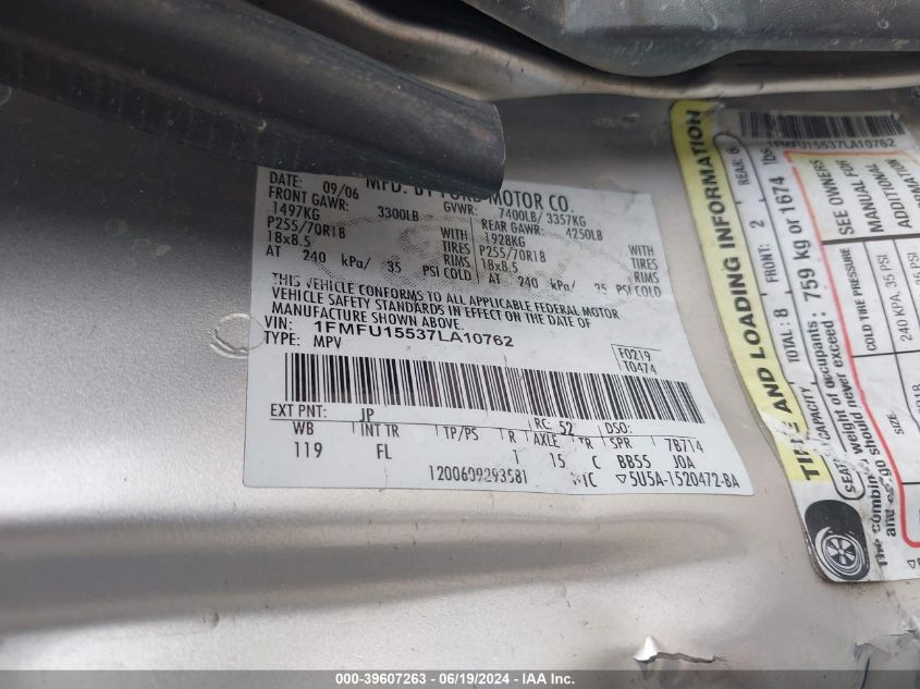 2007 Ford Expedition Xlt VIN: 1FMFU15537LA10762 Lot: 39607263