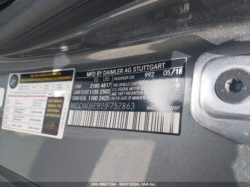 2018 Mercedes-Benz Amg C 43 4Matic VIN: WDDWJ6EB2JF757863 Lot: 39607264