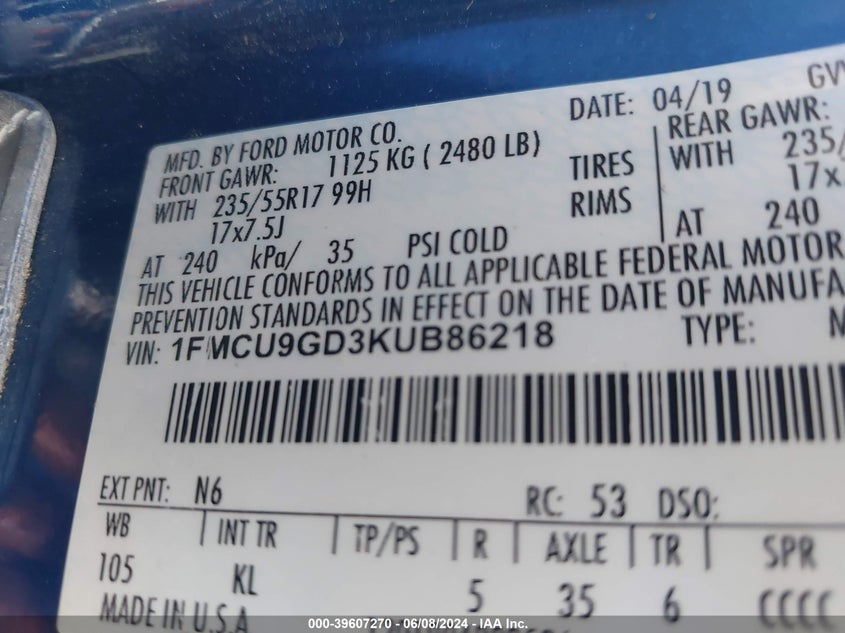 VIN 1FMCU9GD3KUB86218 2019 FORD ESCAPE SE