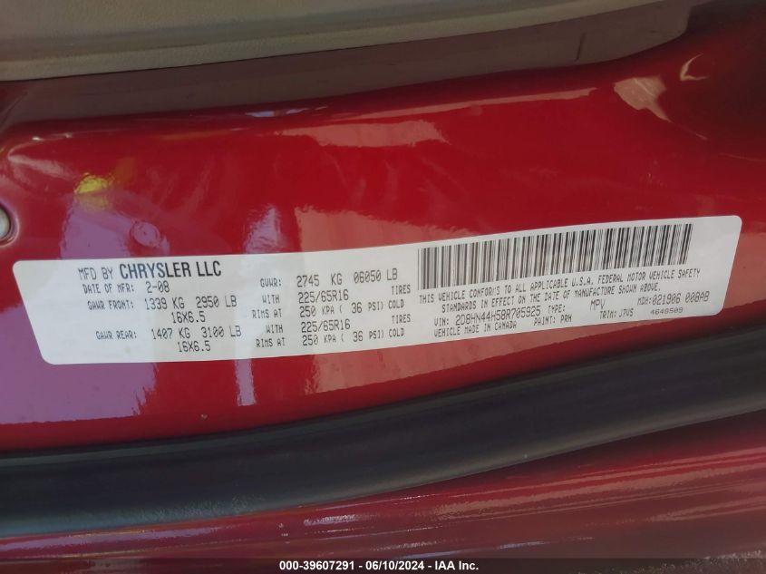 2008 Dodge Grand Caravan Se VIN: 2D8HN44H58R705925 Lot: 39607291