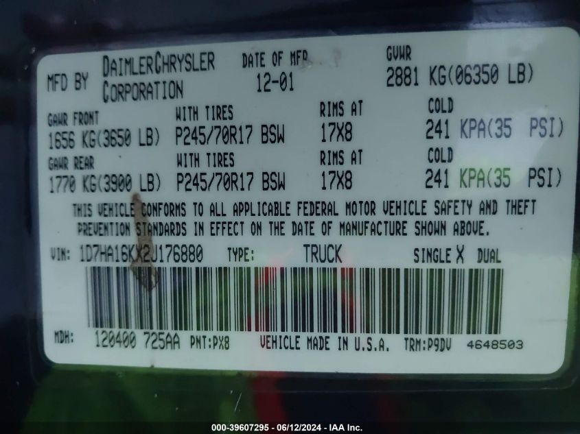 2002 Dodge Ram 1500 St VIN: 1D7HA16KX2J176880 Lot: 39607295