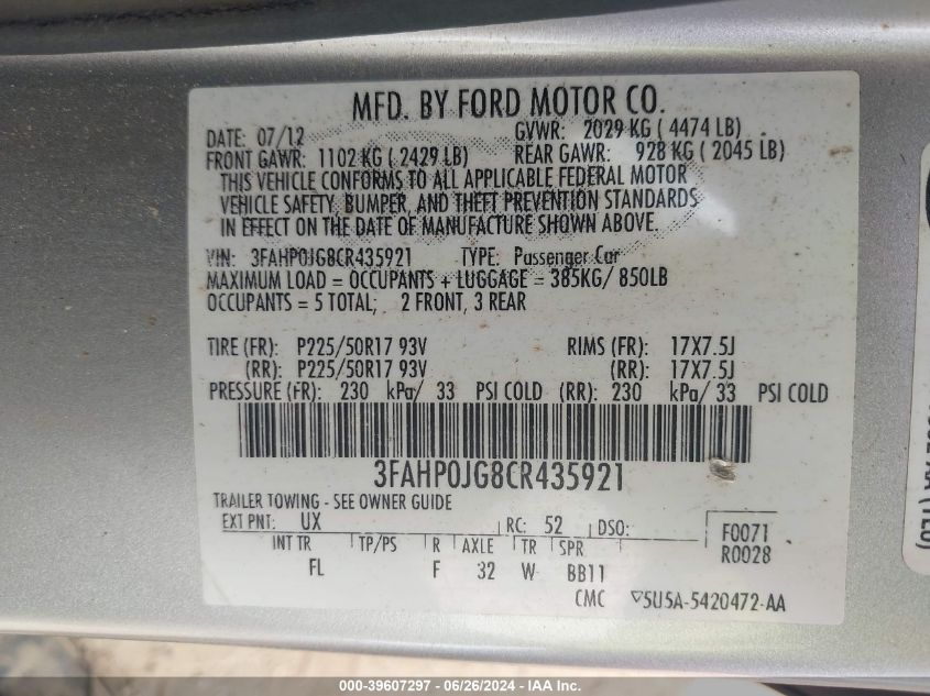 2012 Ford Fusion Sel VIN: 3FAHP0JG8CR435921 Lot: 39607297