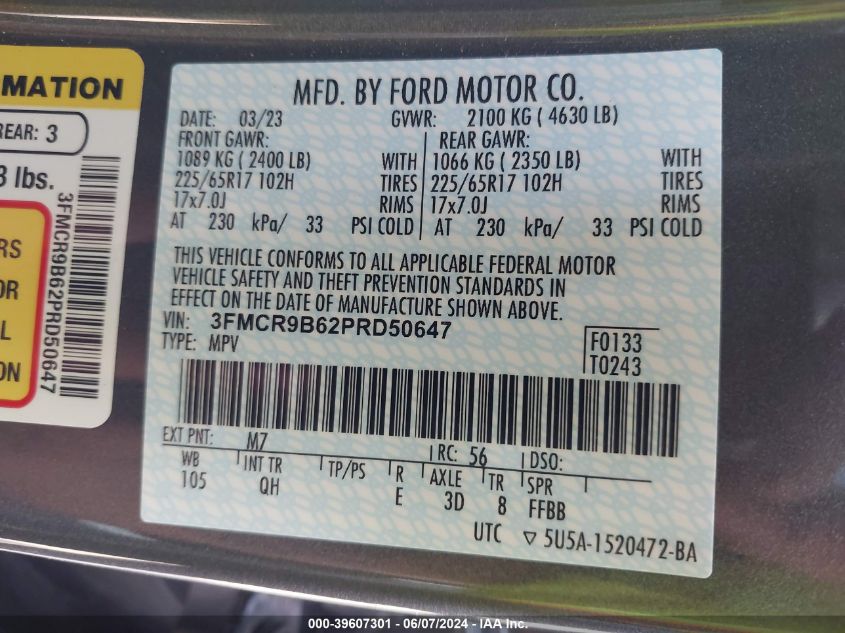 2023 Ford Bronco Sport Big Bend VIN: 3FMCR9B62PRD50647 Lot: 39607301