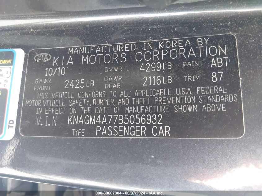 2011 Kia Optima Lx VIN: KNAGM4A77B5056932 Lot: 39607304