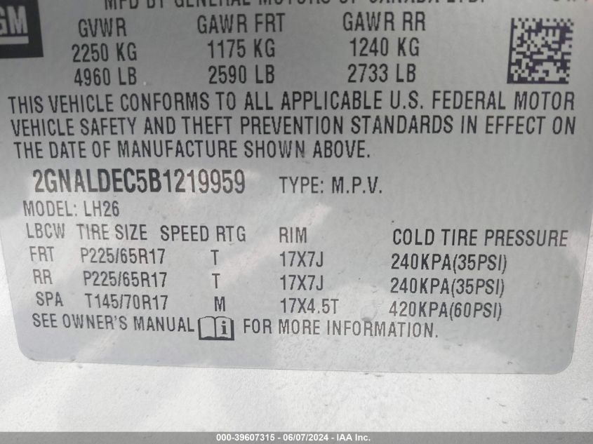 2011 Chevrolet Equinox 1Lt VIN: 2GNALDEC5B1219959 Lot: 39607315