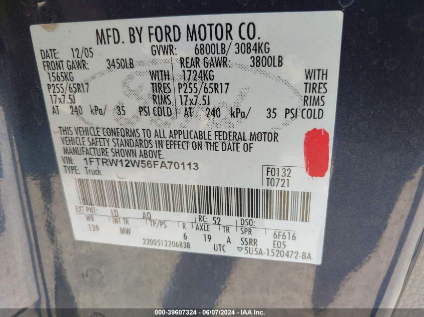 2006 Ford F-150 Xlt VIN: 1FTRW12W56FA70113 Lot: 39607324