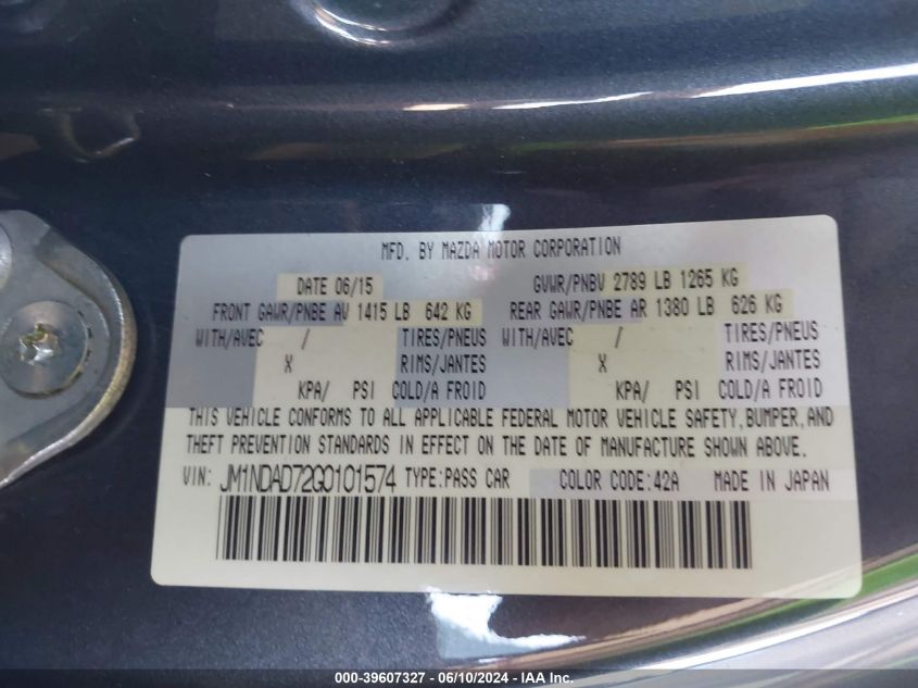 2016 Mazda Mx-5 Miata Grand Touring VIN: JM1NDAD72G0101574 Lot: 39607327