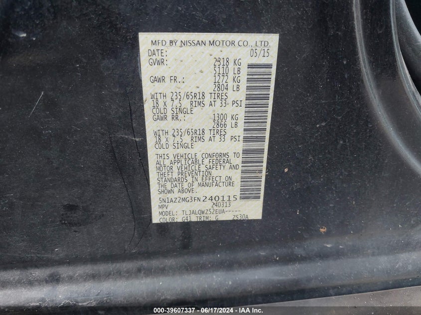 2015 Nissan Murano Sv VIN: 5N1AZ2MG3FN240115 Lot: 39607337