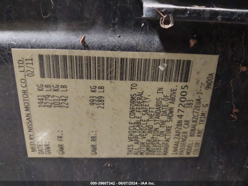 2011 Nissan Altima 2.5 S VIN: 1N4AL2AP2BN472005 Lot: 39607342